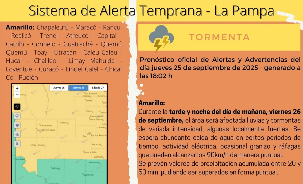 Emiten alerta amarillo por tormentas para gran parte de La Pampa